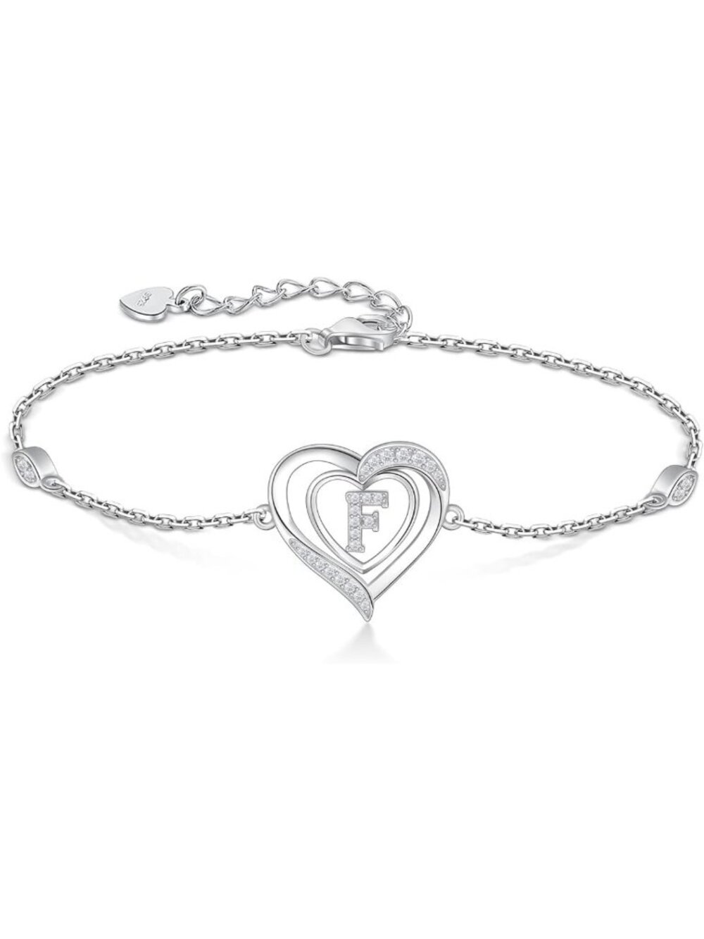 Personalized Heart Initial Bracelet, 925 Sterling Silver Charm Jewelry for Women